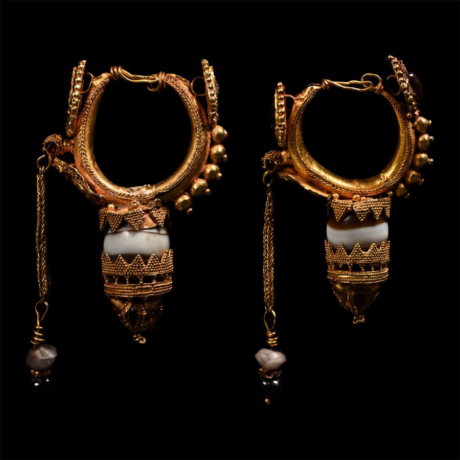 Large Eastern Hellenistic Gold Earring Pair with Garnets