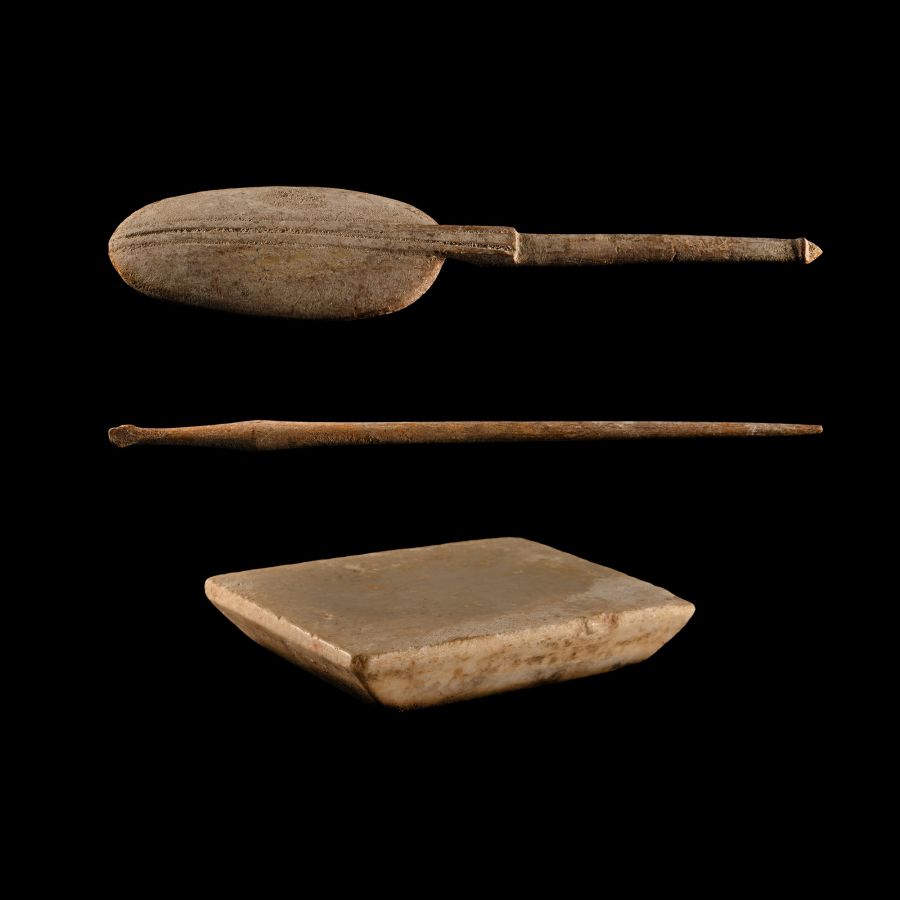 Roman Stone Palette and Bone Implement Group