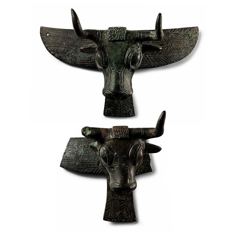 Urartu Bull-Headed Bronze Cauldron Applique Pair