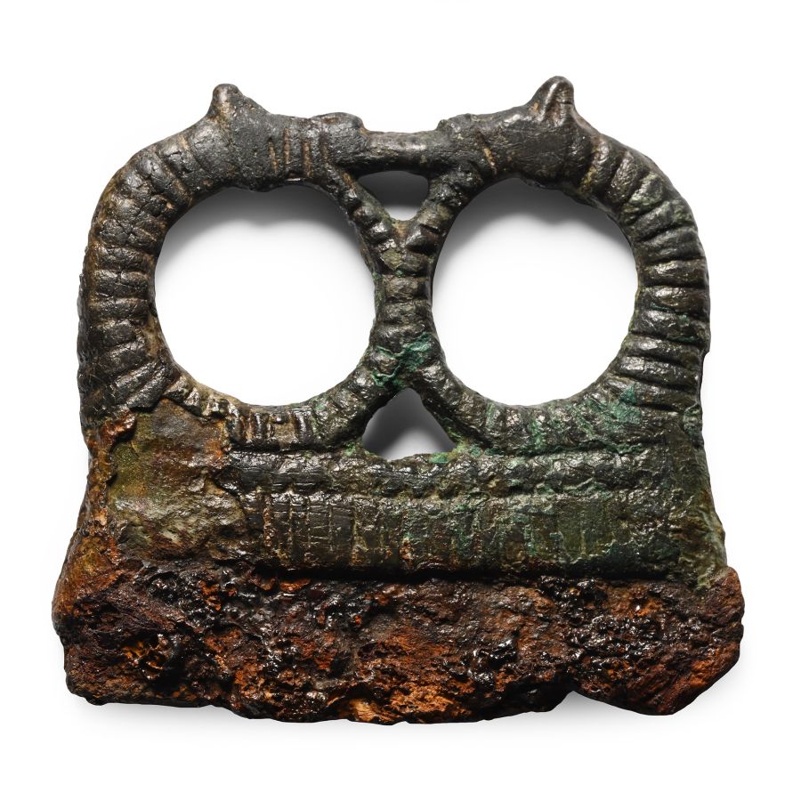 Scandinavian Viking Iron Fire Steel with Bronze Handle with Conjoined Horse Heads