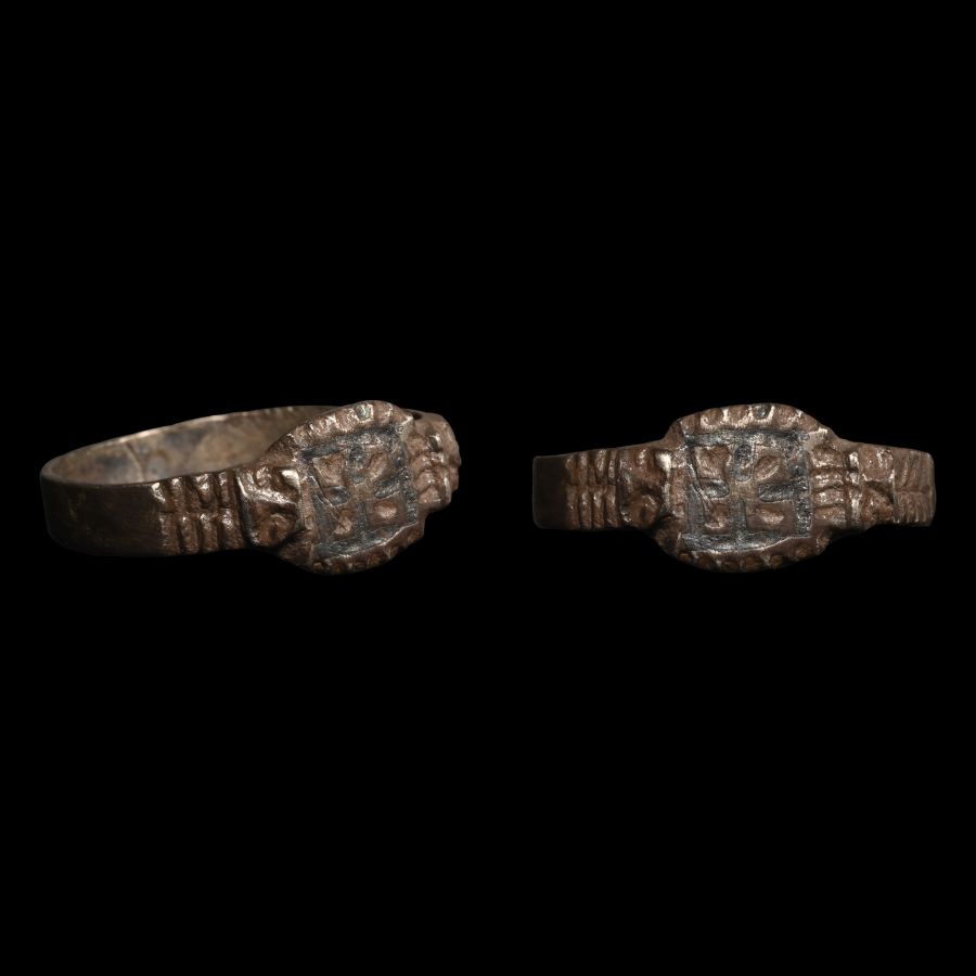 Norman Silver Ring with Niello Cross and Animal Heads