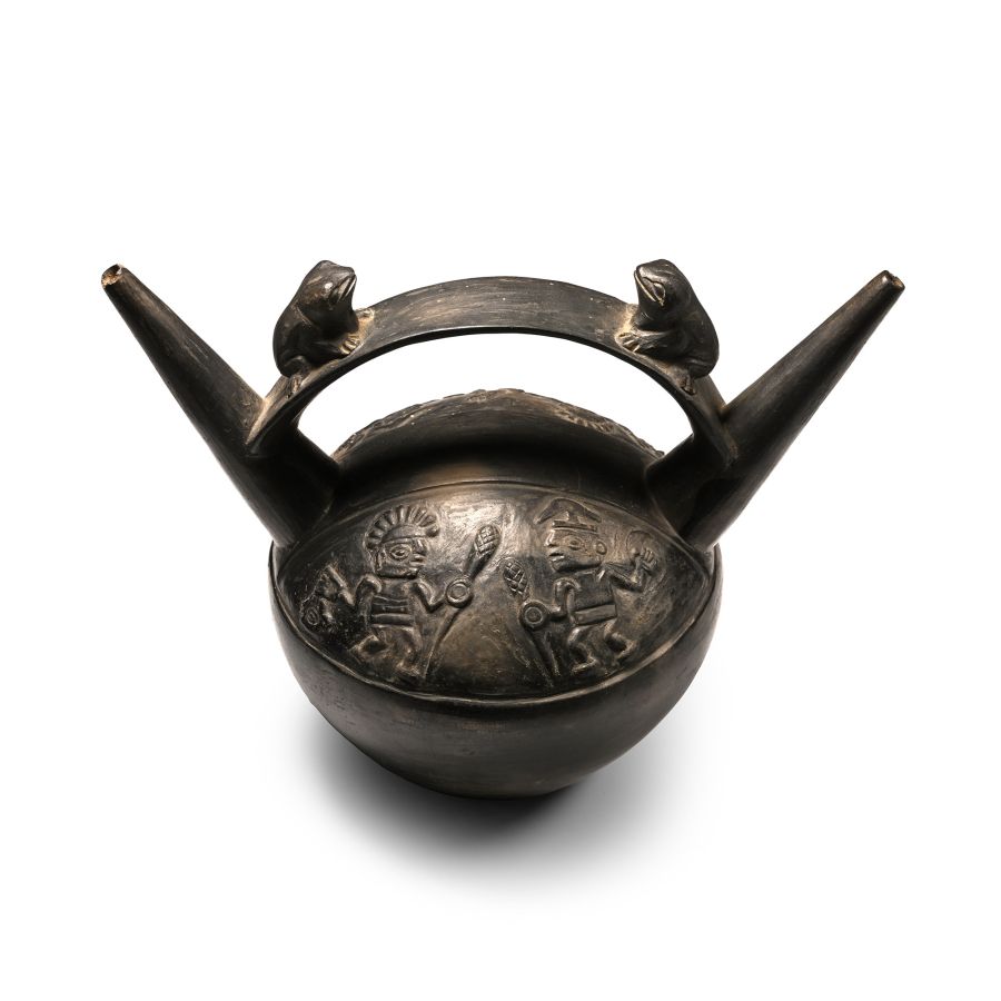 Pre Columbian Black Ware Stirrup-Spout Vessel with Frogs and Warriors
