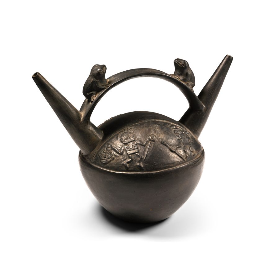 Pre Columbian Black Ware Stirrup-Spout Vessel with Frogs and Warriors
