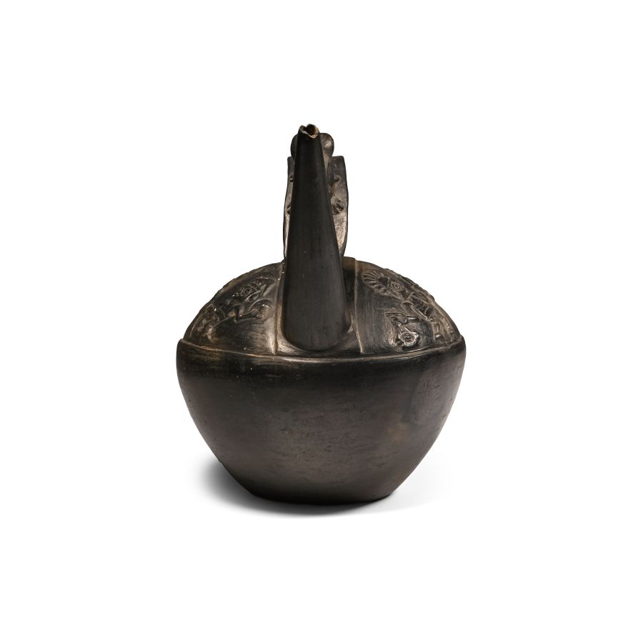 Pre Columbian Black Ware Stirrup-Spout Vessel with Frogs and Warriors