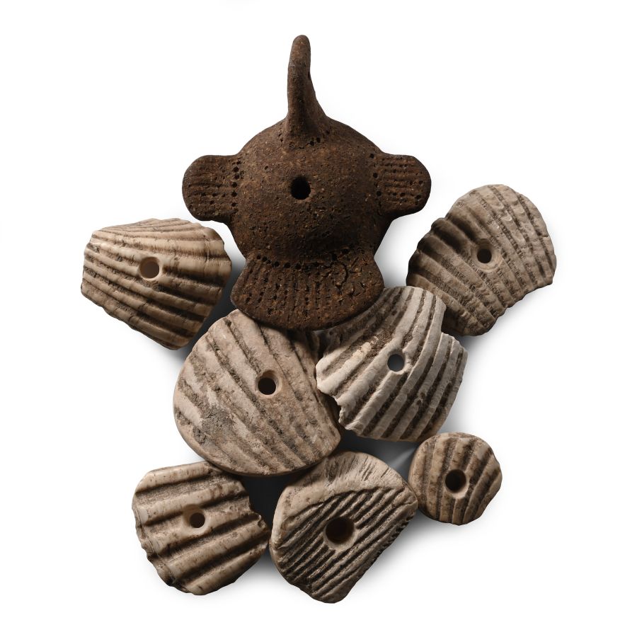 Pre Columbian Ceramic Bird Rattle and Shell Pendant Group