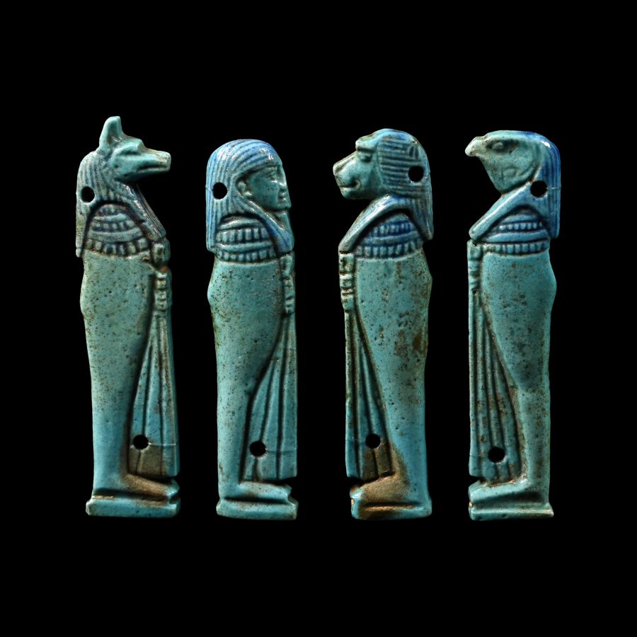 Egyptian Turquoise Glazed Faience Four Sons of Horus Mount Set