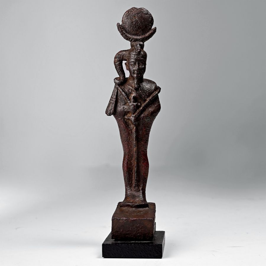 Egyptian Bronze Khonsu Statuette with Silver Eyes