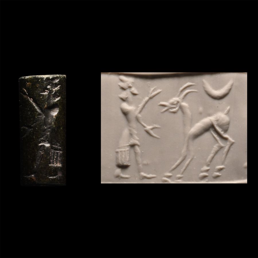 Iranian Black Stone Cylinder Seal with Figure Dressed in Robes