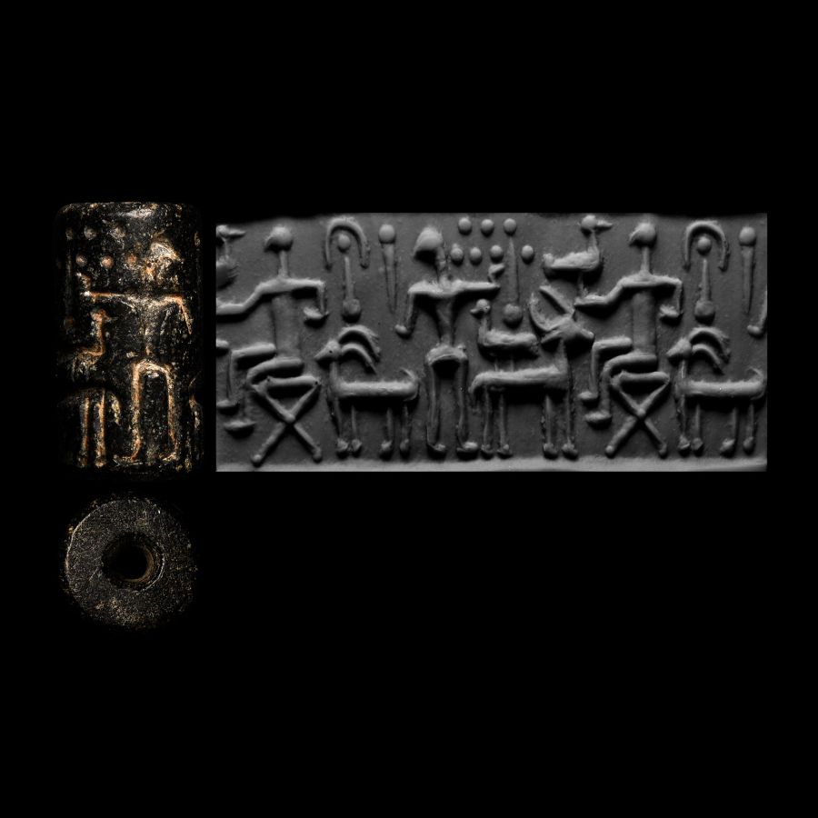 Anatolian Black Stone Cylinder Seal with Seated Deity