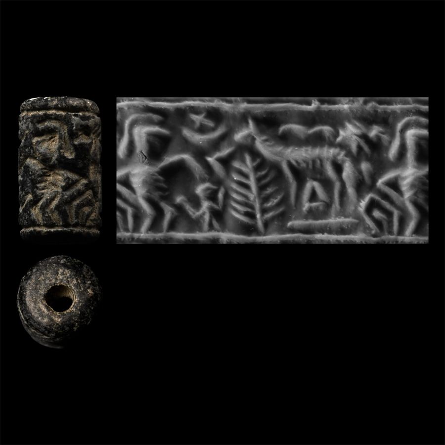 Levantine Black Stone Cylinder Seal with Standing Human Figure