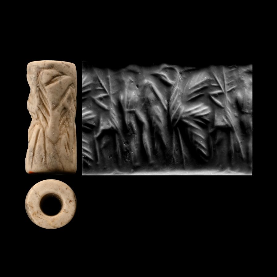 Syrian Grey Stone Cylinder Seal with Figure Holding Fish