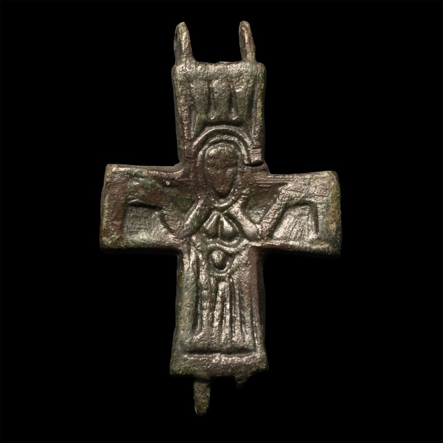 Byzantine Bronze Reliquary Cross Pendant Plate