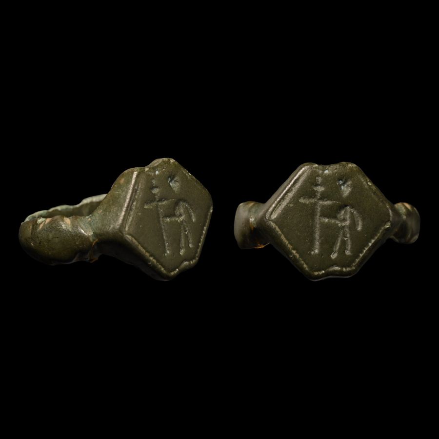 Norman Period Bronze Ring with Figure Holding Long Cross