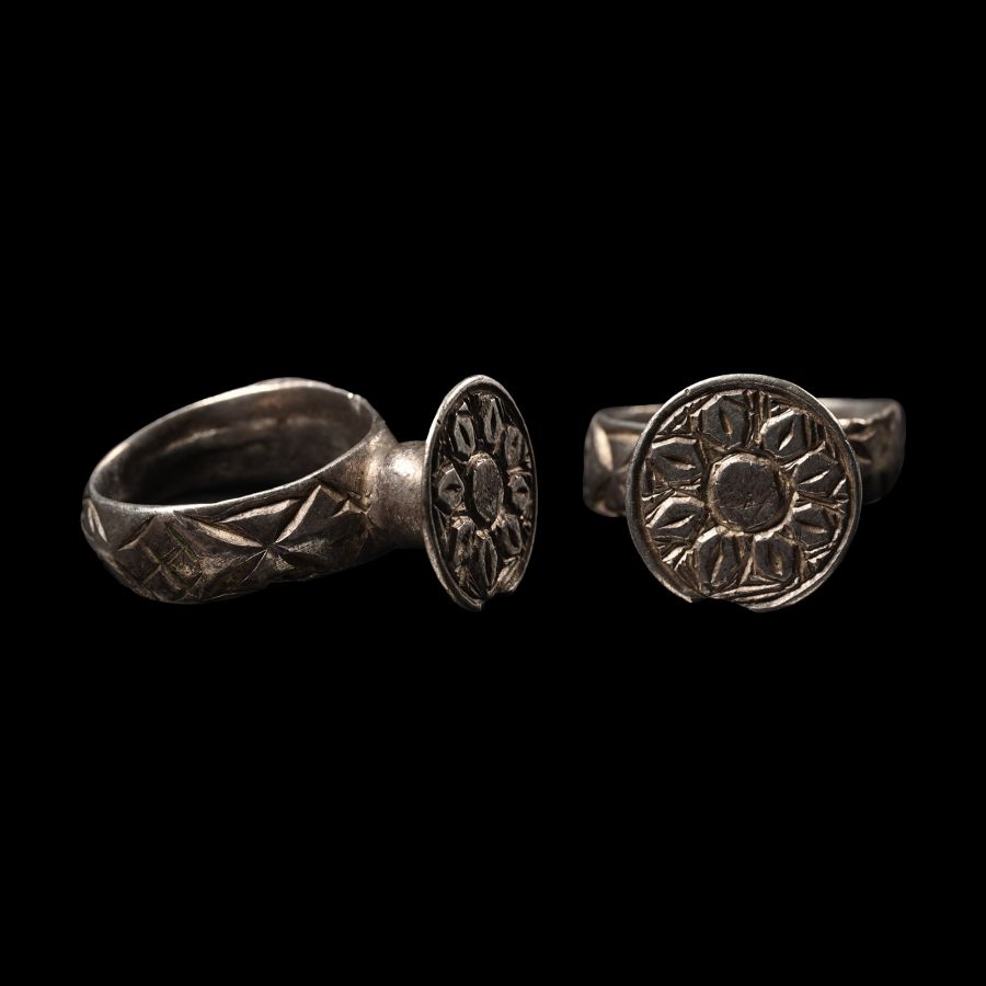 Medieval Silver Ring with Sunburst Design
