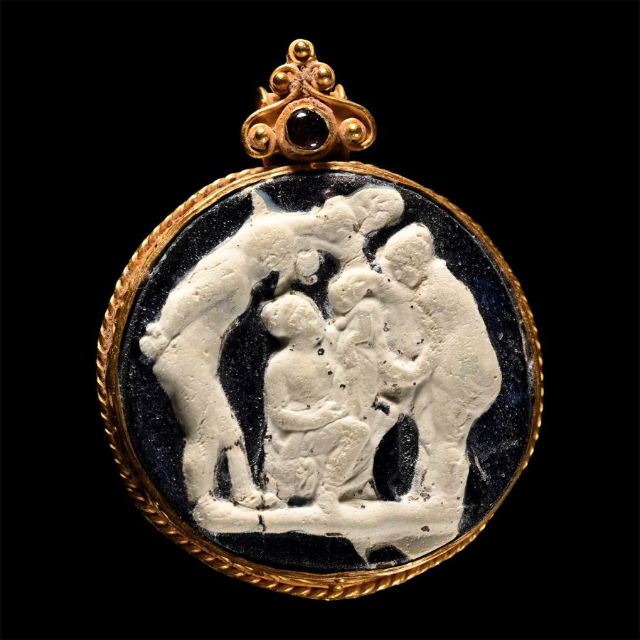Roman Glass Cameo Tondo with Baby Dionysos, Raised by Nymphs on Mount Nysa, in Gold Pendant Setting