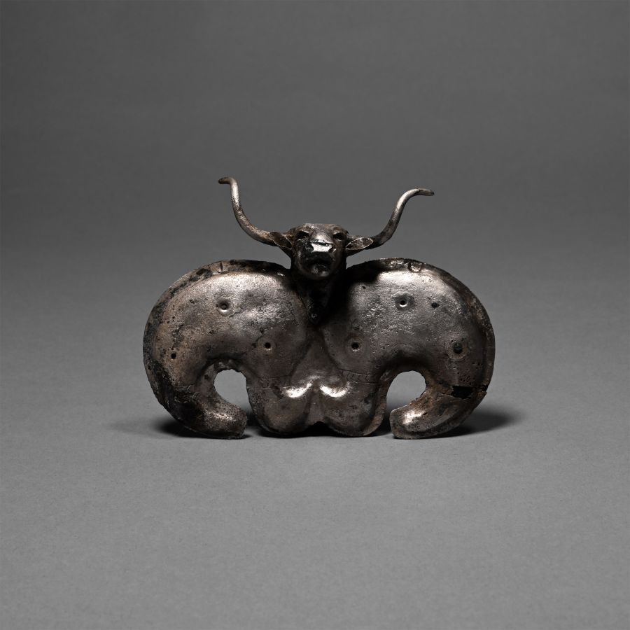 Large Proto-Elamite Silver Pendant with Bull's Head