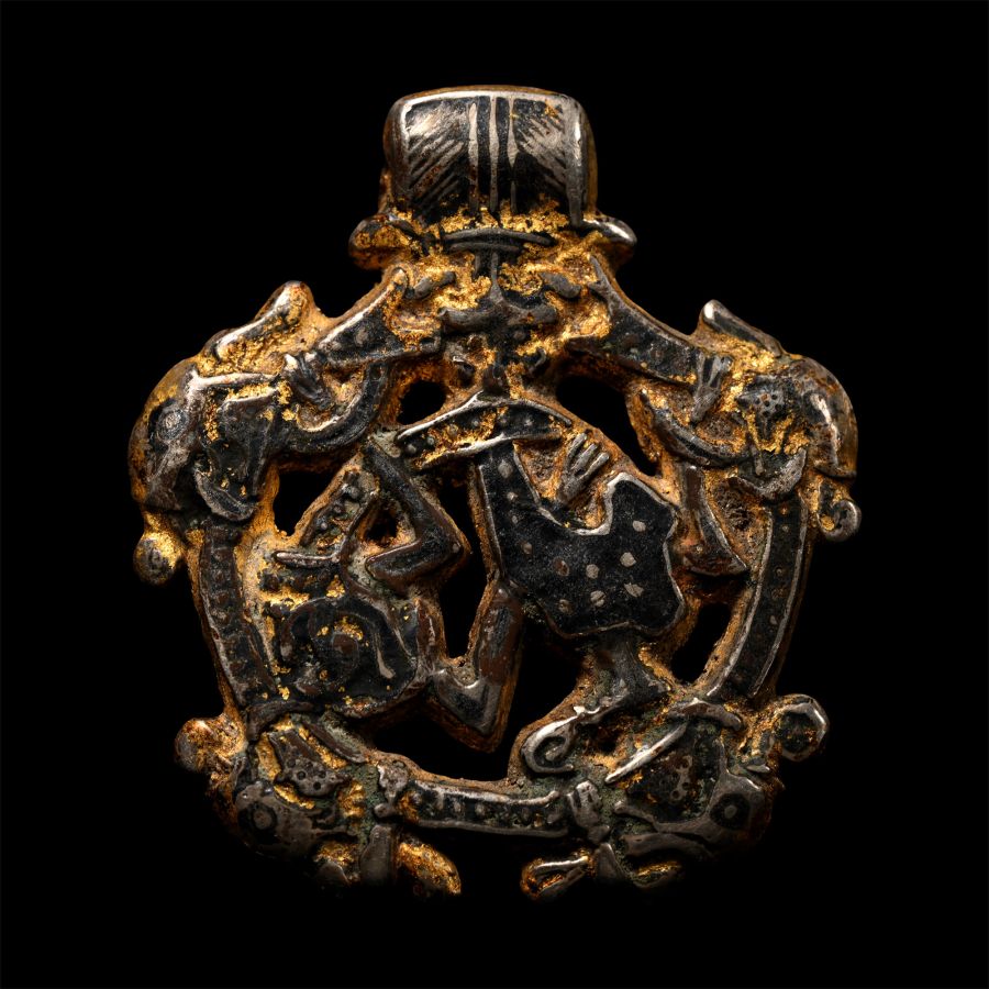 Scandinavian Viking Silver-Gilt Oseberg Style Gripping Beast Pendant