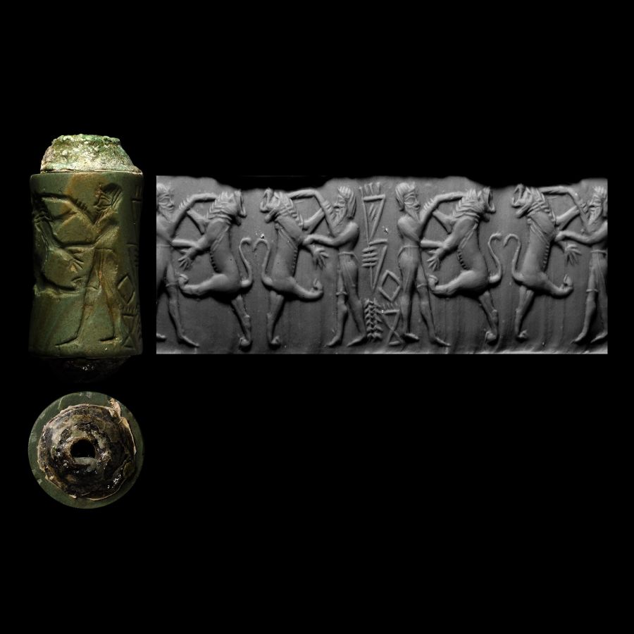Akkadian Green Jasper Cylinder Seal with Hero