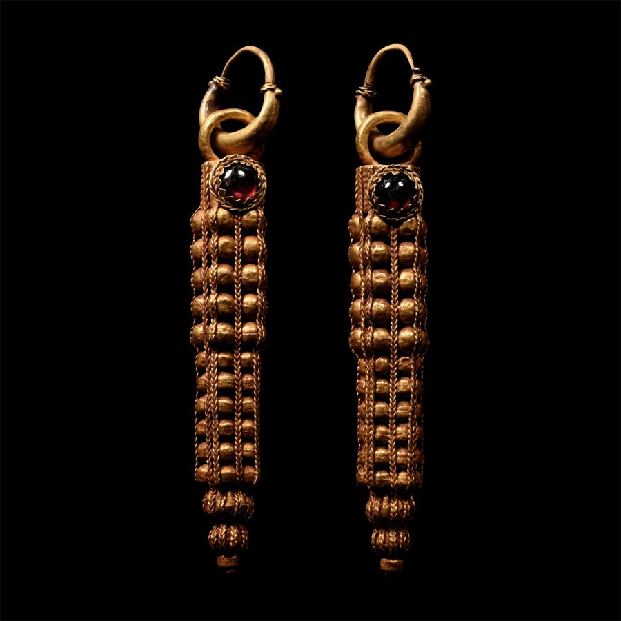 Large Holy Land Gold and Garnet Drop Earrings