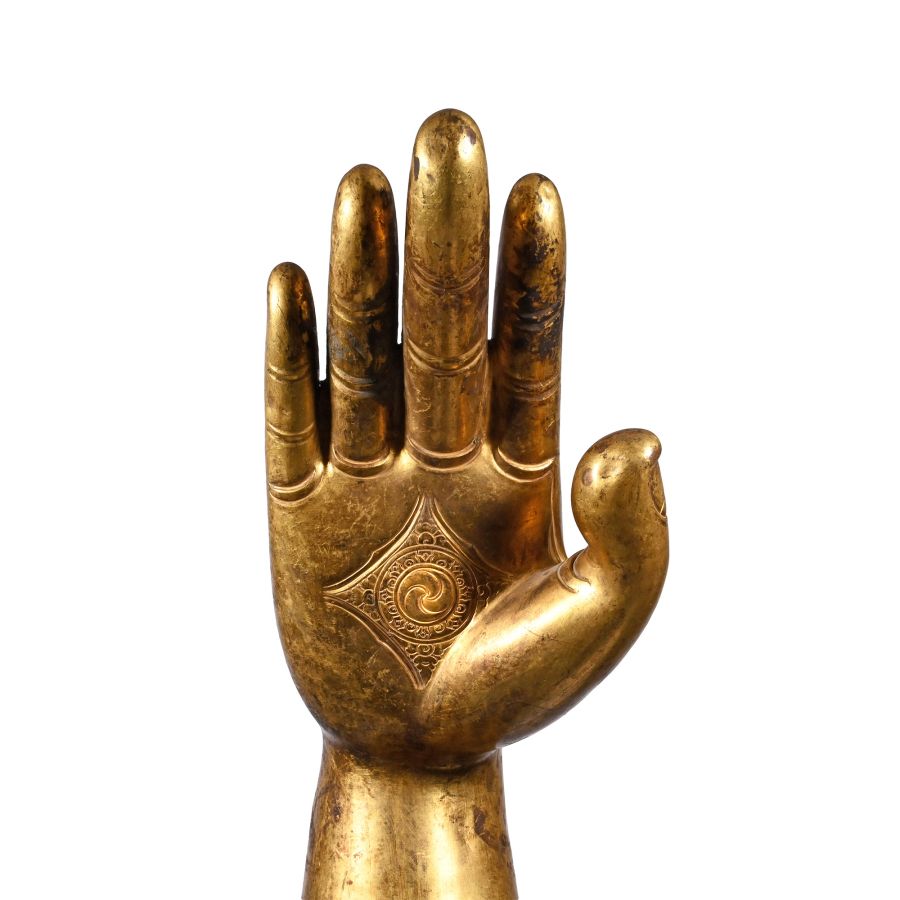 Monumental Gilt Bronze 'Earth Witness' Buddha Forearm with Open Palm