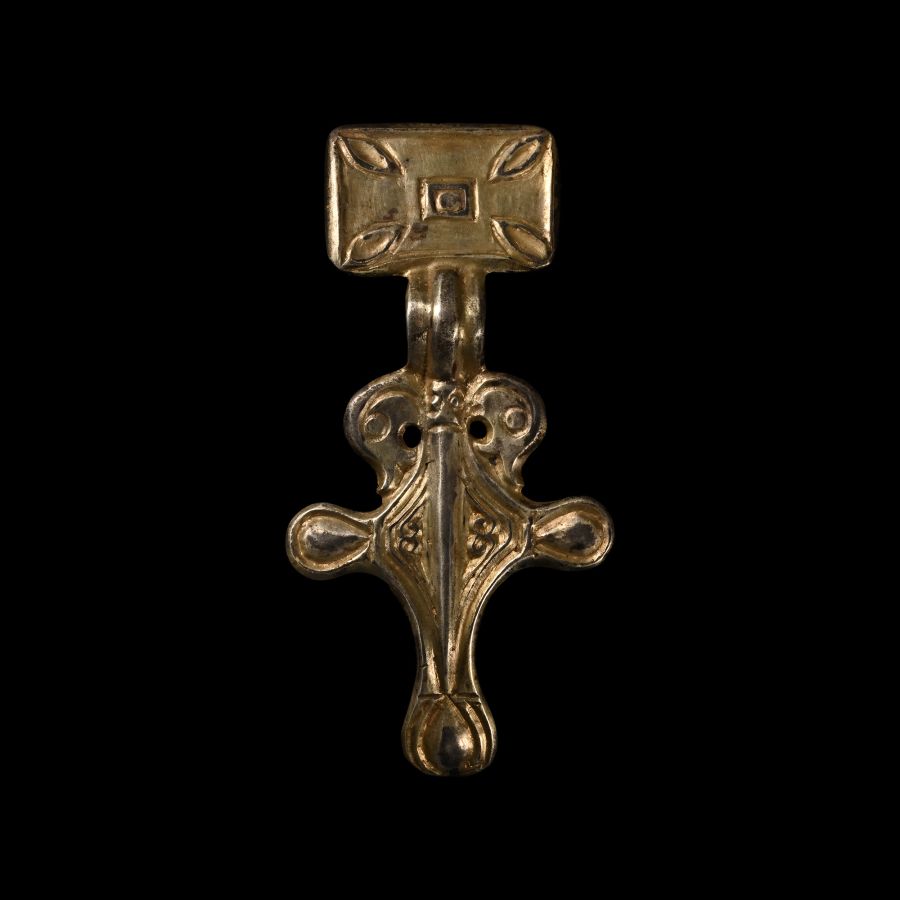 Frankish Silver-Gilt Bow Brooch with Beast Heads