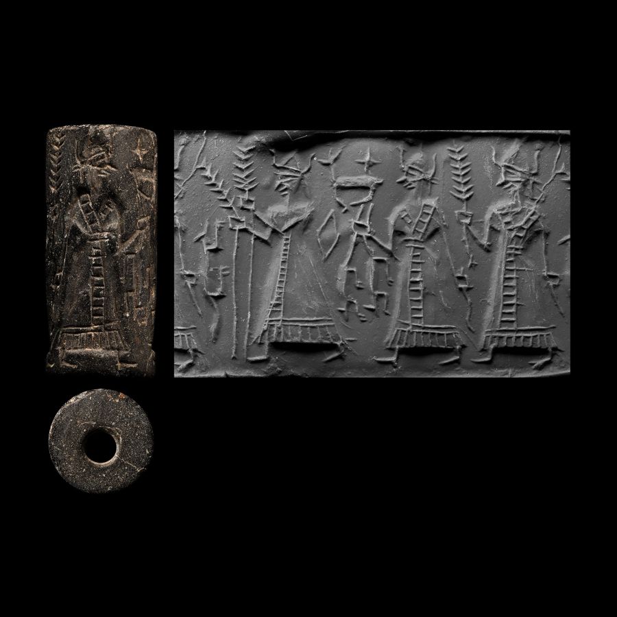 Large West Iranian Grey Stone Cylinder Seal with Figures