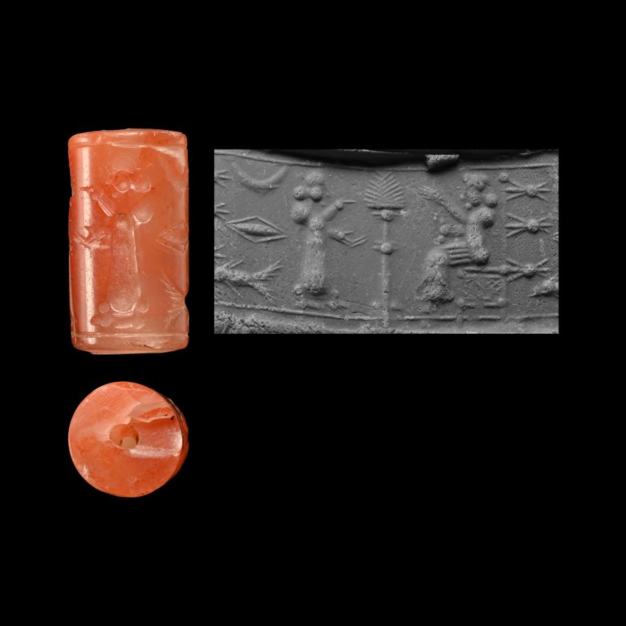 Neo-Assyrian Carnelian Cylinder Seal with Worship Scene