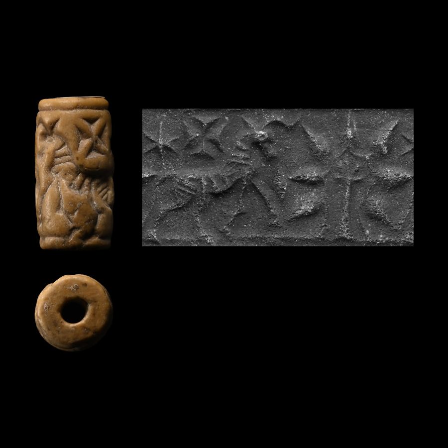 Neo-Assyrian Cream Stone Cylinder Seal with Bull