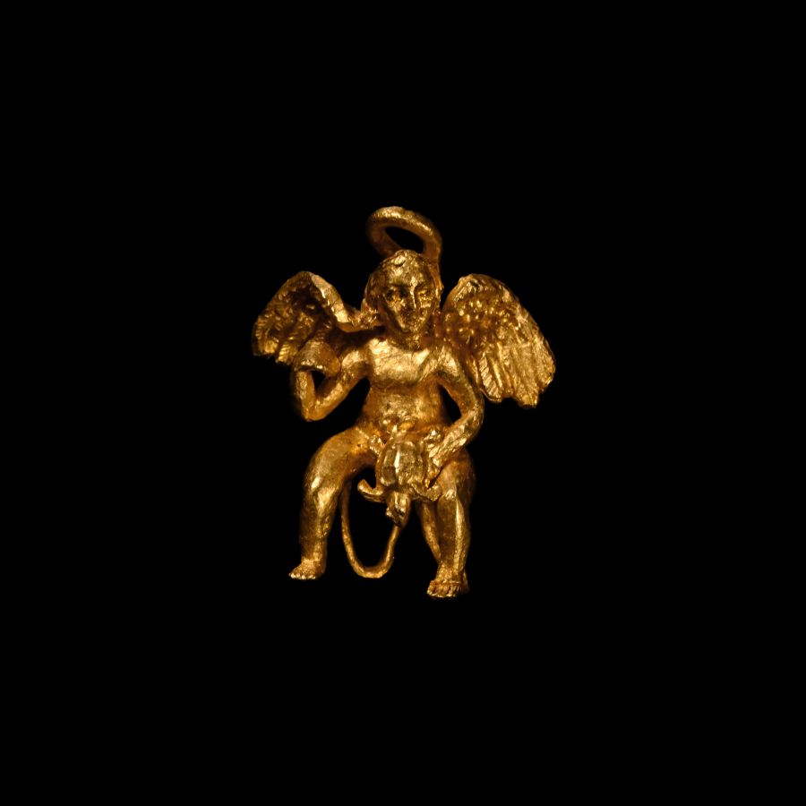 Greek Gold Eros Holding a Turtle Pendant