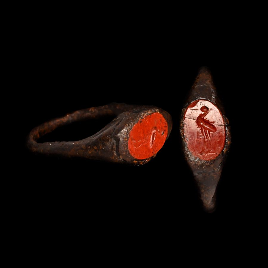 Roman Bronze Ring with Stork Gemstone