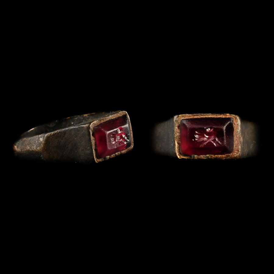 Roman Bronze Ring with Amethyst Gemstone