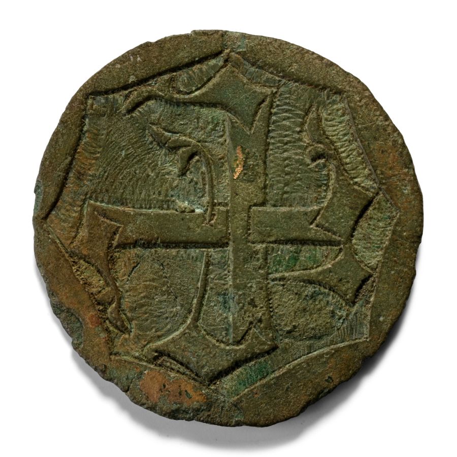 Medieval Knight's Heraldic Insignia Gilt Bronze Plaque with Crossed Initials C and T
