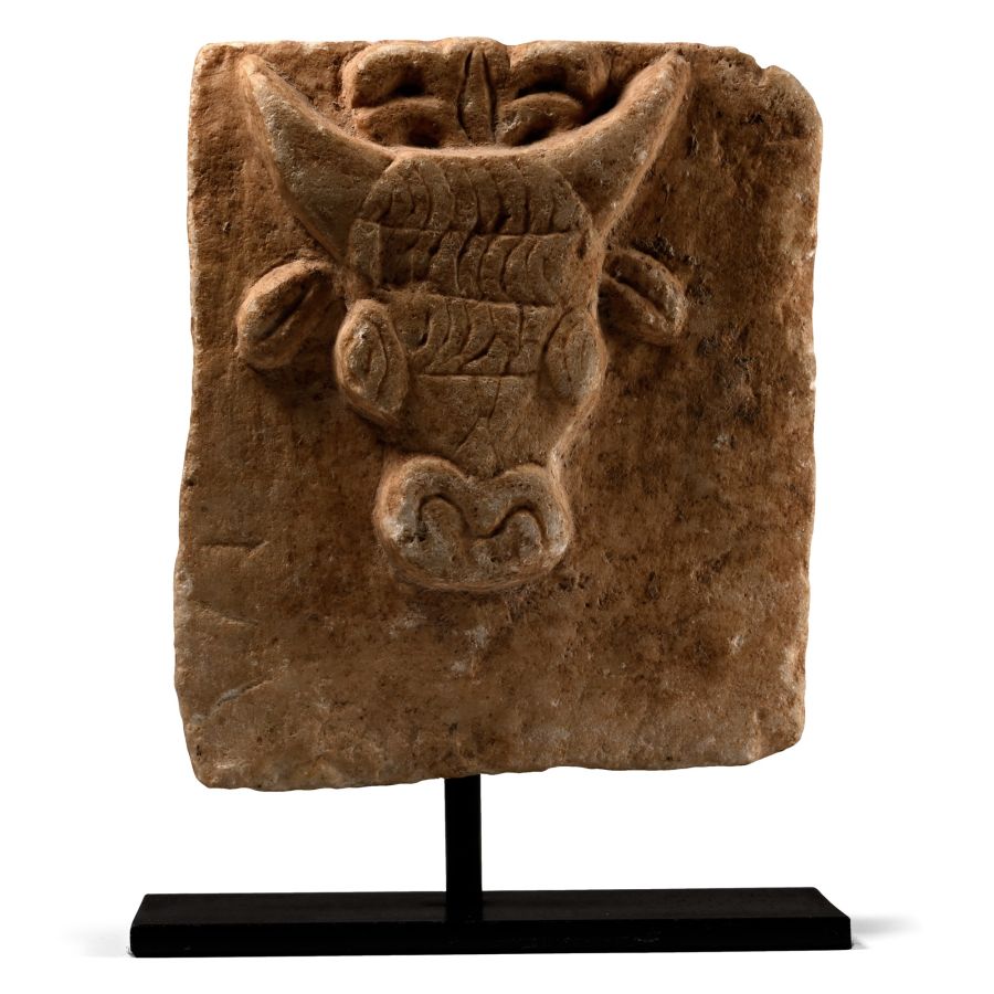 South Arabian Alabaster Plaque with Bull's Head