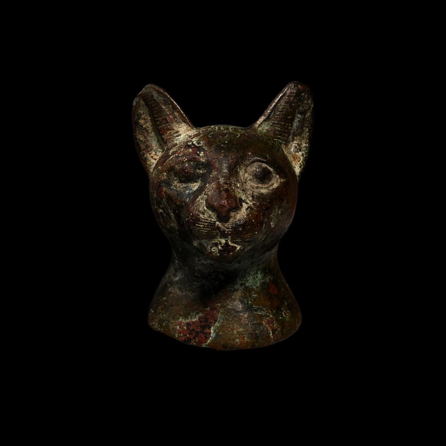 Egyptian Bronze Cat Head with Incised Scarab