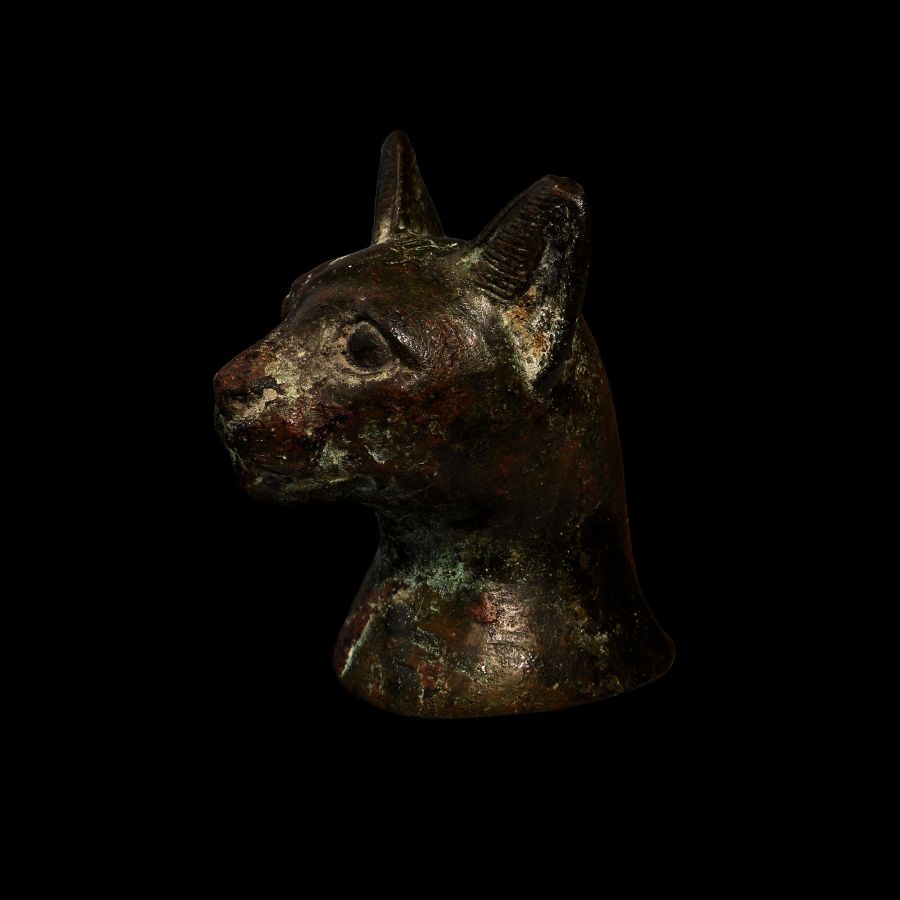 Egyptian Bronze Cat Head with Incised Scarab
