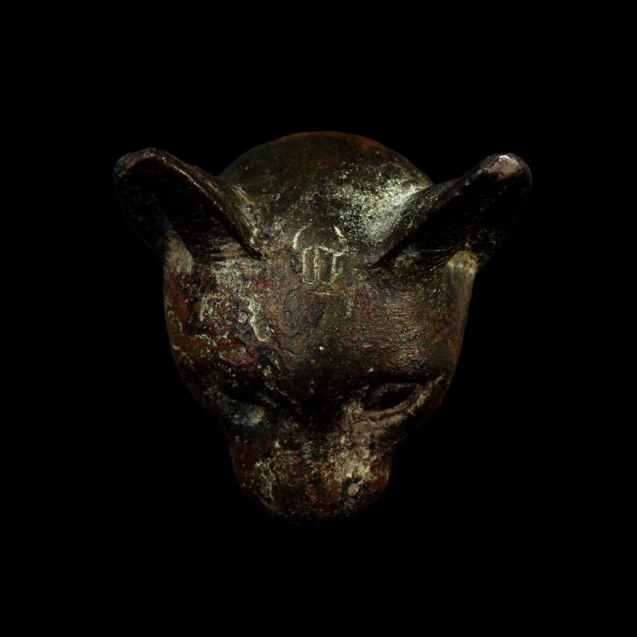Egyptian Bronze Cat Head with Incised Scarab