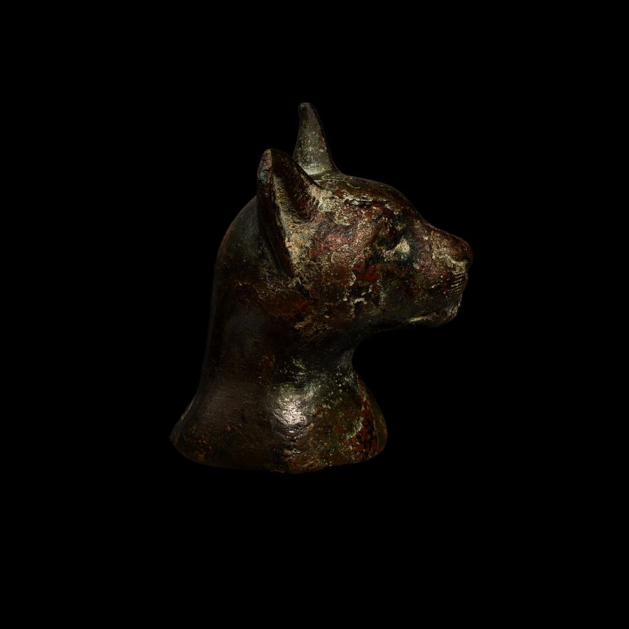 Egyptian Bronze Cat Head with Incised Scarab
