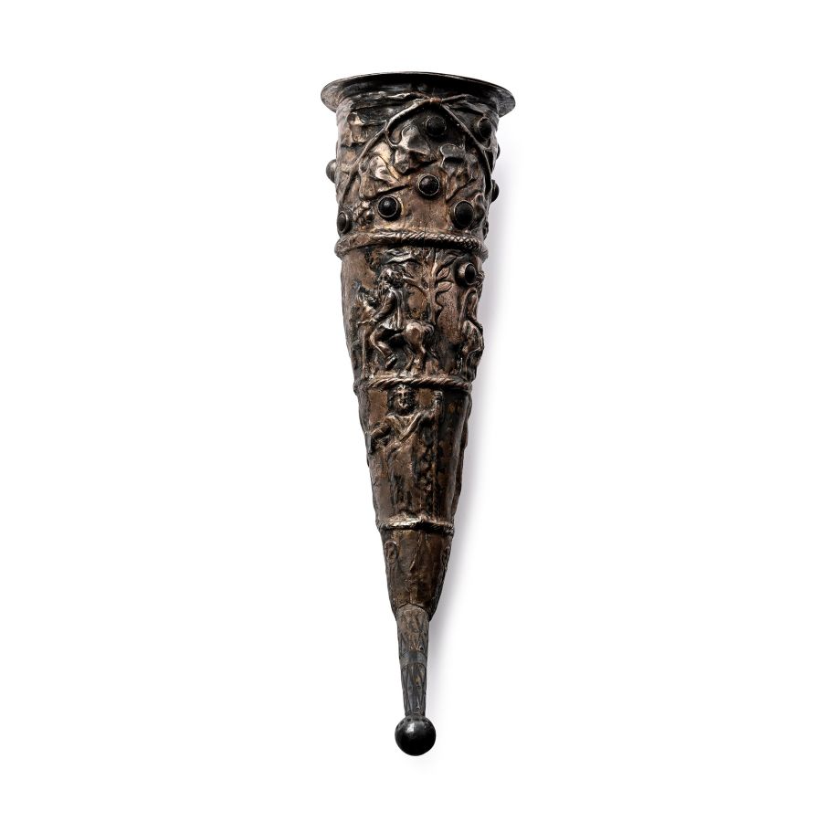 Greek Silver Rhyton with Mythological Scenes and Glass Inlays