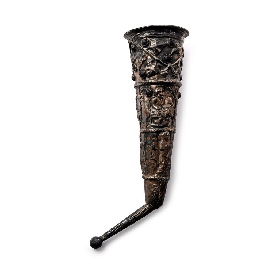 Greek Silver Rhyton with Mythological Scenes and Glass Inlays