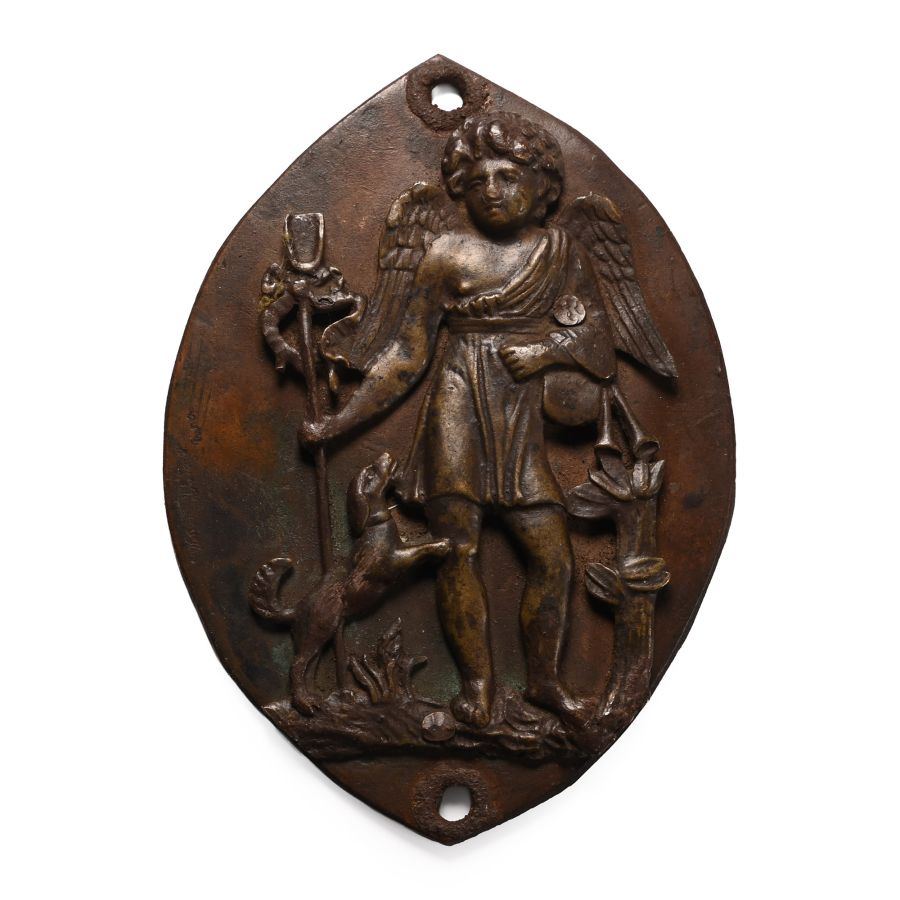 Post Medieval Bronze Vesica-Shaped Plaque with Saint