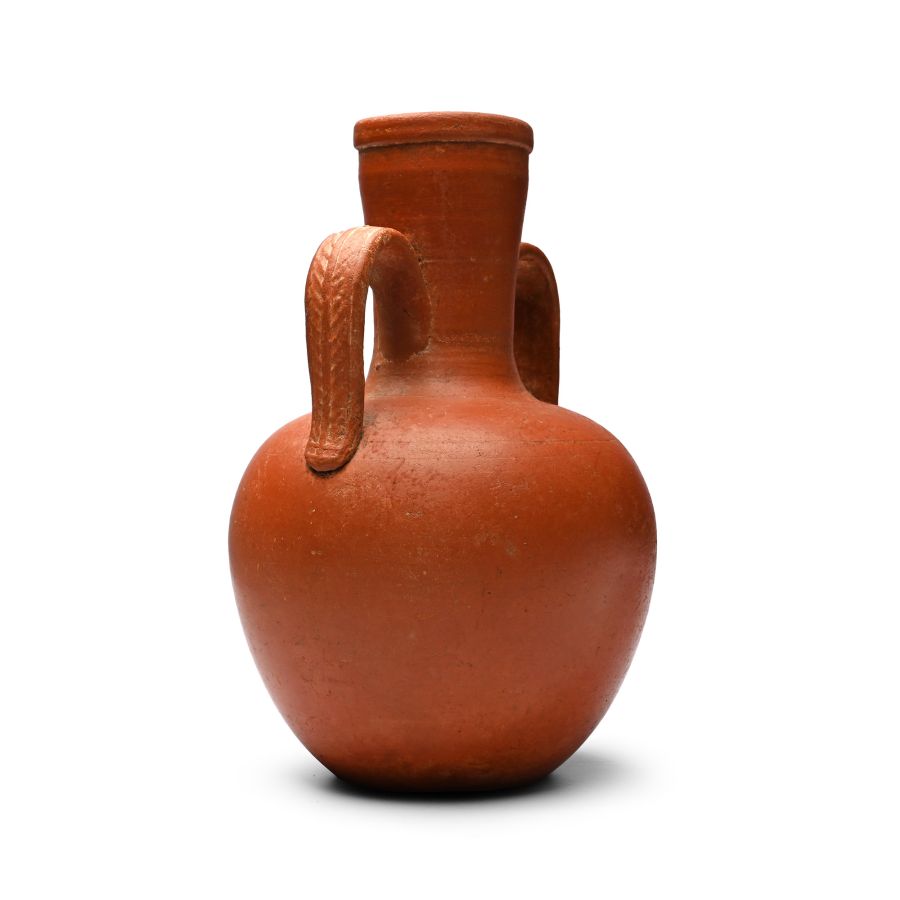 Roman Redware Amphora-Shaped Vase with Leaf-Decorated Handles
