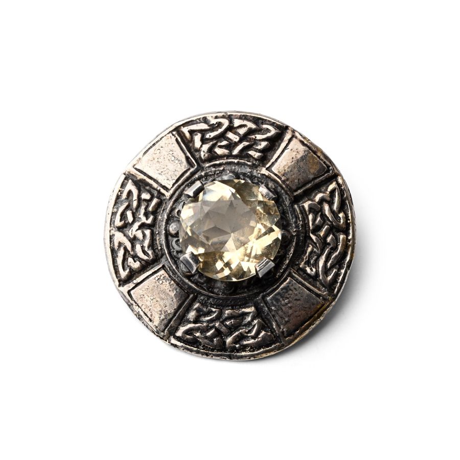 Vintage Celtic Revival Silver Brooch with Yellow Quartz