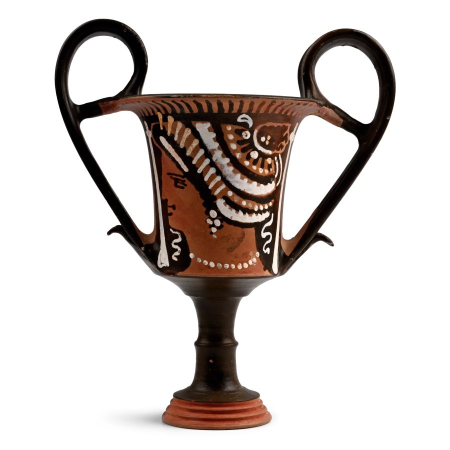 Greek Apulian Black-Glazed Kantharos with Ladies of Fashion