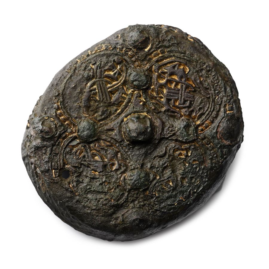 Viking Gilt Bronze Drum Brooch with Oseberg Beast Panels