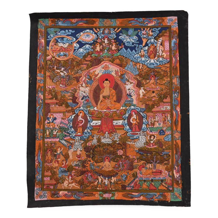 Vintage Tibetan Buddhist Hand-Painted Illuminated Thangka