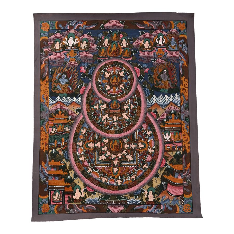 Vintage Tibetan Buddhist Hand-Painted Illuminated Thangka