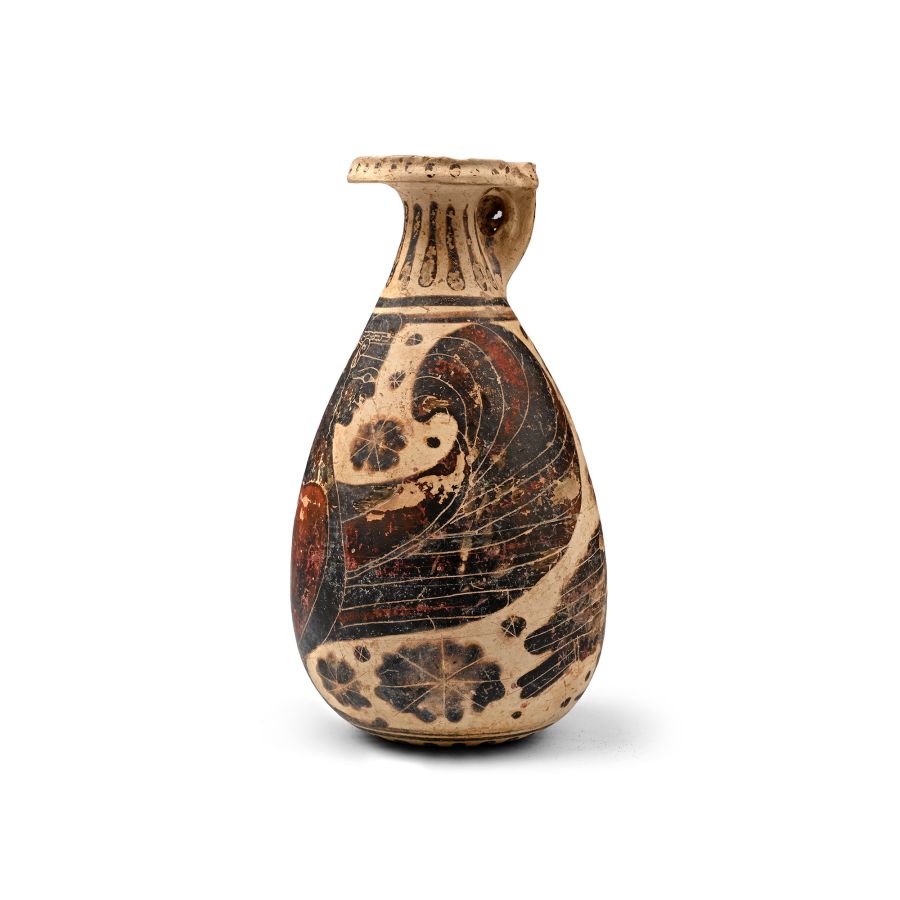 Greek Corinthian Aryballos with Winged Deity and Swan