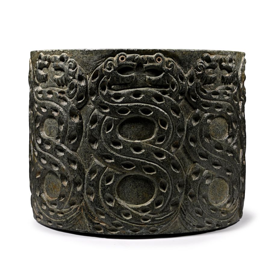 Large Bactrian Black Chlorite Vessel with Opposing Pairs of Serpents