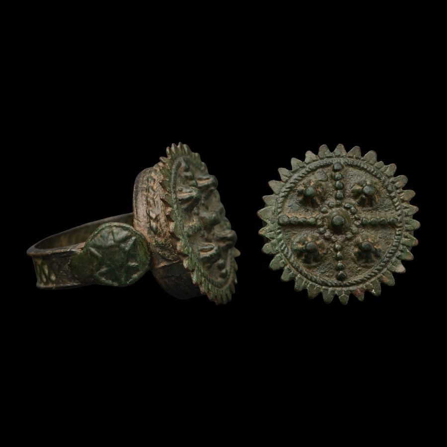 Stuart Period Bronze Ring with Cross and Bosses