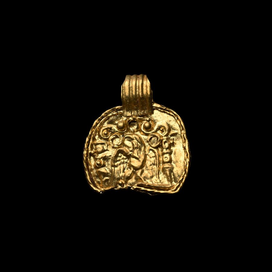 Roman Gold Bracteate Pendant with Military Eagle Between Two Standards